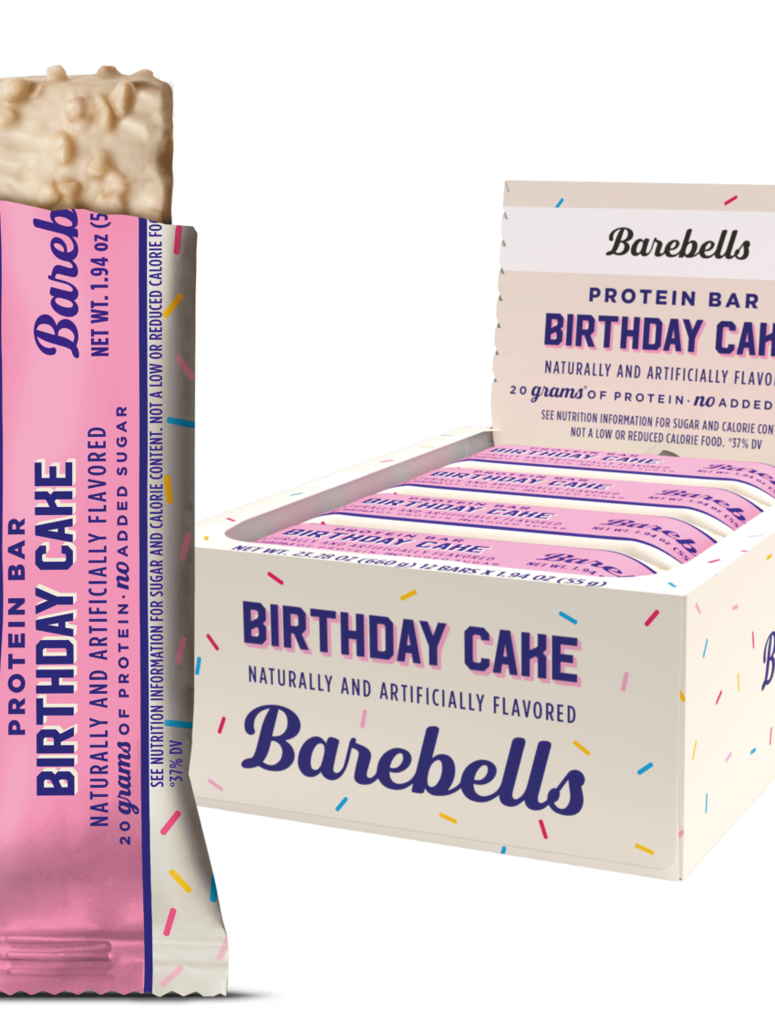 Barebells birthday cake packshot with single bar