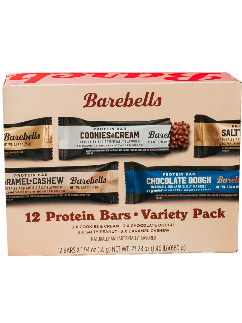 Variety pack of Barebells protein bars in assorted flavors, rendered on a transparent background.